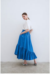 Tiered Linen Midi Skirt with Asymmetric Gathered Panels and Flowy Silhouette