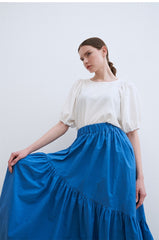 Tiered Linen Midi Skirt with Asymmetric Gathered Panels and Flowy Silhouette