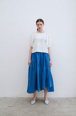 Tiered Linen Midi Skirt with Asymmetric Gathered Panels and Flowy Silhouette