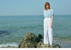 Linen Puff Sleeve Blouse With Front Buttons And Drawstring Detail