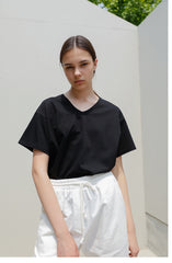 Minimalist V-Neck Cotton Poplin Shirt for Women – Breathable Short Sleeve Casual Top