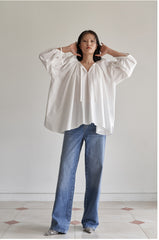 Elegant Puff Sleeve Linen Blouse With Drawstring Detail And Relaxed Silhouette For Women