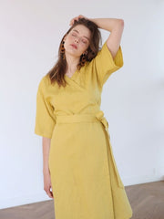 Wrap-Front Linen Dress With Tie Waist And Elbow-Length Sleeves