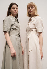 Women's Linen Collared Shirt Dress – Short Sleeve Belted Midi Dress with A-Line Silhouette