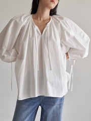 Elegant Puff Sleeve Linen Blouse With Drawstring Detail And Relaxed Silhouette For Women