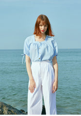 Linen Puff Sleeve Blouse With Front Buttons And Drawstring Detail