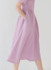 Short-Sleeve Linen Midi Dress With Gathered Waist And Lightweight Fabric For Effortless Style