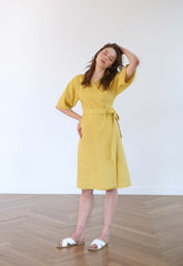 Wrap-Front Linen Dress With Tie Waist And Elbow-Length Sleeves