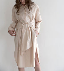 Sleeve-Tied Midi Shirt Dress in Crisp Linen Fabric