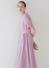Short-Sleeve Linen Midi Dress With Gathered Waist And Lightweight Fabric For Effortless Style