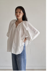 Elegant Puff Sleeve Linen Blouse With Drawstring Detail And Relaxed Silhouette For Women