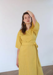Wrap-Front Linen Dress With Tie Waist And Elbow-Length Sleeves