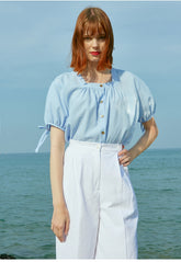 Linen Puff Sleeve Blouse With Front Buttons And Drawstring Detail