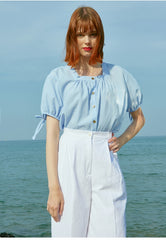 Linen Puff Sleeve Blouse With Front Buttons And Drawstring Detail