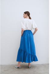 Tiered Linen Midi Skirt with Asymmetric Gathered Panels and Flowy Silhouette