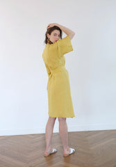 Wrap-Front Linen Dress With Tie Waist And Elbow-Length Sleeves