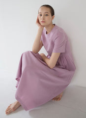 Short-Sleeve Linen Midi Dress With Gathered Waist And Lightweight Fabric For Effortless Style