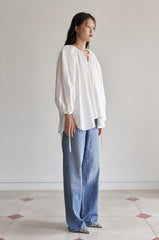 Elegant Puff Sleeve Linen Blouse With Drawstring Detail And Relaxed Silhouette For Women