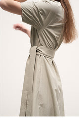 Women's Linen Collared Shirt Dress – Short Sleeve Belted Midi Dress with A-Line Silhouette