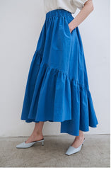 Tiered Linen Midi Skirt with Asymmetric Gathered Panels and Flowy Silhouette