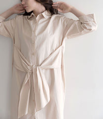 Sleeve-Tied Midi Shirt Dress in Crisp Linen Fabric