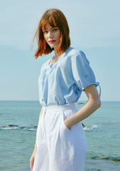Linen Puff Sleeve Blouse With Front Buttons And Drawstring Detail