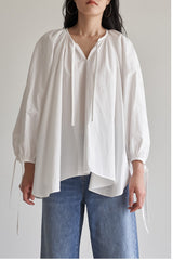 Elegant Puff Sleeve Linen Blouse With Drawstring Detail And Relaxed Silhouette For Women