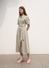Women's Linen Collared Shirt Dress – Short Sleeve Belted Midi Dress with A-Line Silhouette