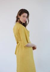 Wrap-Front Linen Dress With Tie Waist And Elbow-Length Sleeves
