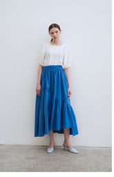 Tiered Linen Midi Skirt with Asymmetric Gathered Panels and Flowy Silhouette