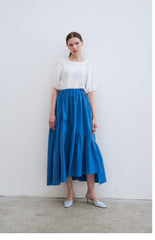 Tiered Linen Midi Skirt with Asymmetric Gathered Panels and Flowy Silhouette