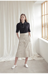 High-Waisted Linen Midi Skirt with Belted Waist and Structured A-Line Silhouette for Women