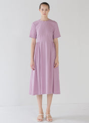 Short-Sleeve Linen Midi Dress With Gathered Waist And Lightweight Fabric For Effortless Style
