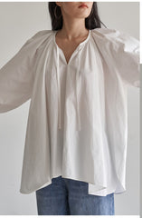 Elegant Puff Sleeve Linen Blouse With Drawstring Detail And Relaxed Silhouette For Women