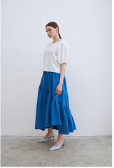 Tiered Linen Midi Skirt with Asymmetric Gathered Panels and Flowy Silhouette