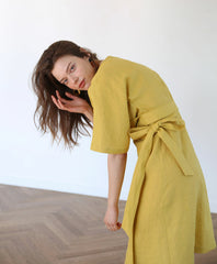 Wrap-Front Linen Dress With Tie Waist And Elbow-Length Sleeves