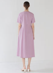 Short-Sleeve Linen Midi Dress With Gathered Waist And Lightweight Fabric For Effortless Style