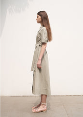 Women's Linen Collared Shirt Dress – Short Sleeve Belted Midi Dress with A-Line Silhouette
