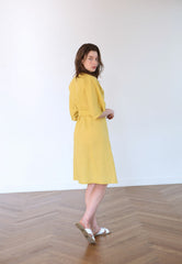 Wrap-Front Linen Dress With Tie Waist And Elbow-Length Sleeves