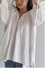 Elegant Puff Sleeve Linen Blouse With Drawstring Detail And Relaxed Silhouette For Women