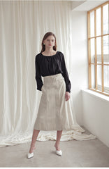 High-Waisted Linen Midi Skirt with Belted Waist and Structured A-Line Silhouette for Women