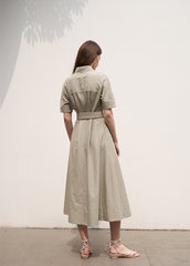 Women's Linen Collared Shirt Dress – Short Sleeve Belted Midi Dress with A-Line Silhouette