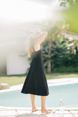 Women's Linen Midi Dress with Tailored Fit and Elegant Draped Back