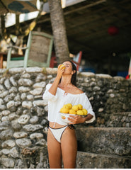 Linen Peasant Crop Top with Drawstring Neckline and Puff Sleeves