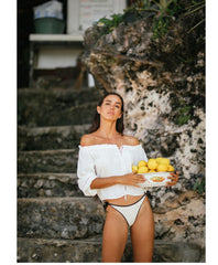 Linen Peasant Crop Top with Drawstring Neckline and Puff Sleeves