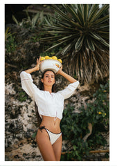 Linen Peasant Crop Top with Drawstring Neckline and Puff Sleeves