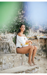 Linen Peasant Crop Top with Drawstring Neckline and Puff Sleeves