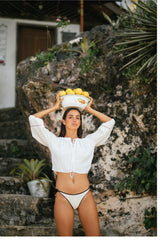 Linen Peasant Crop Top with Drawstring Neckline and Puff Sleeves