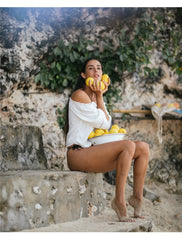 Linen Peasant Crop Top with Drawstring Neckline and Puff Sleeves