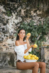 Linen Peasant Crop Top with Drawstring Neckline and Puff Sleeves